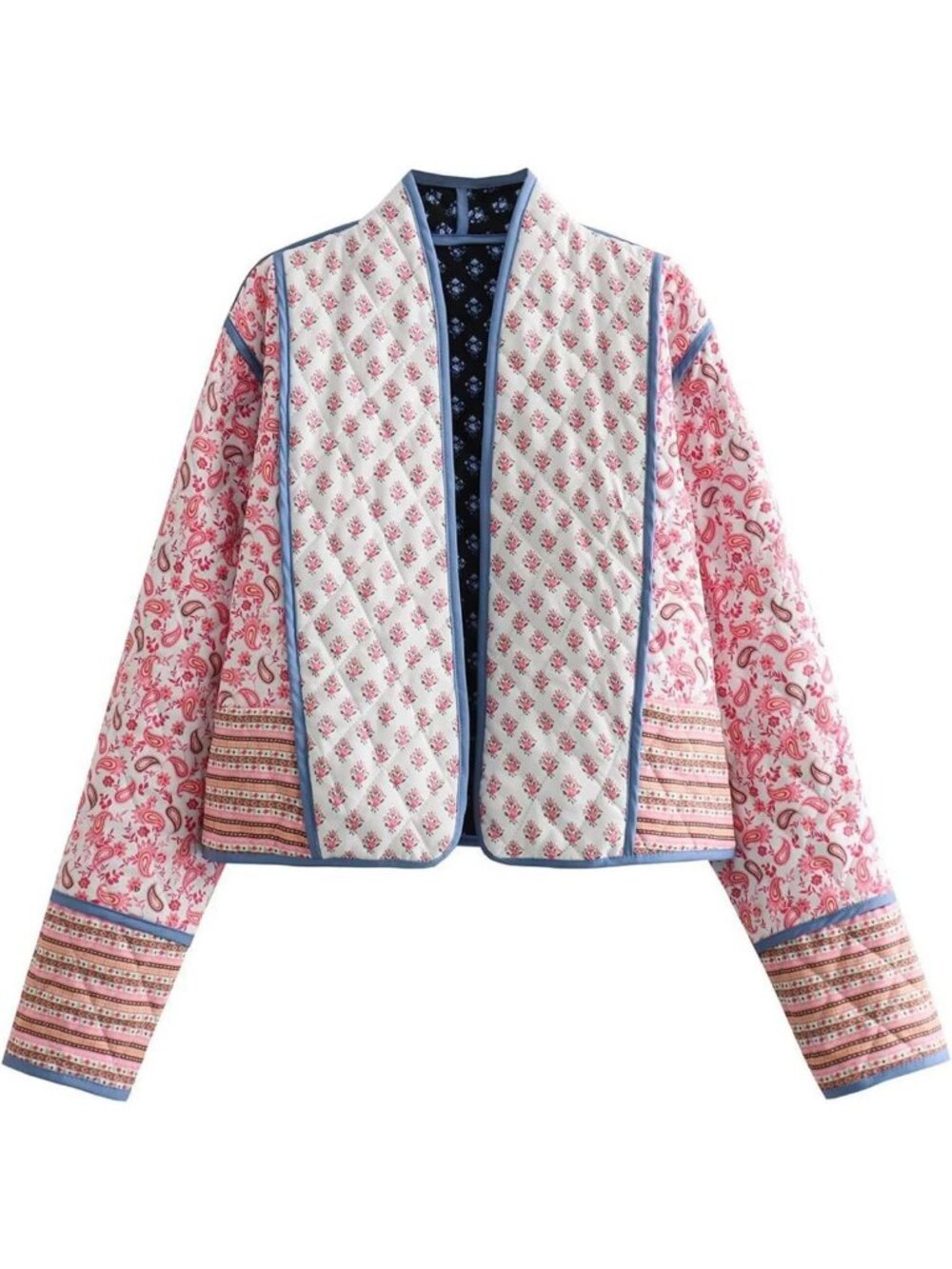 Reversible Floral Quilted Crop Jacket | Open Front Puffer Coat for Women